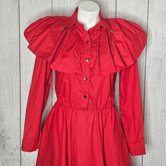 Vintage Lilia Smitty Red Western Shirt Dress Ruffle Yoke Collar, sz Small - Picture 3 of 7